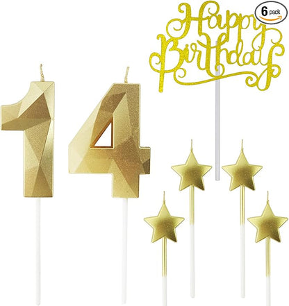 Golden Number 14 Birthday Candles and Star Birthday Candles 2.76 inch Birthday Cake Candles 3D Diamond Shaped Candles are Suitable for Birthday Parties and Anniversary Cake Decorations Candles