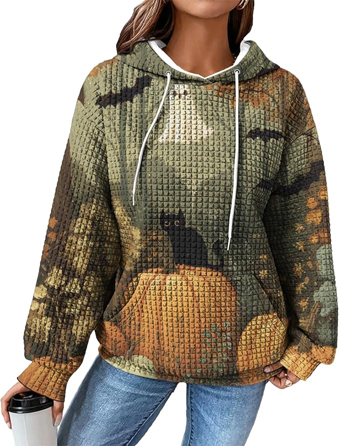 Halloween Sweatshirts for Women Novelty Graphic Drawstring Waffle Hoodies Loose Casual Pullover Tops with Pocket