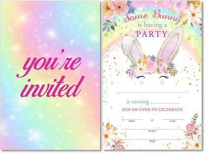 Soiceu Colorful Rainbow Bunny Birthday Party Invitations with Envelopes Set of 20 Floral Some Bunny Girl Birthday Party Invites