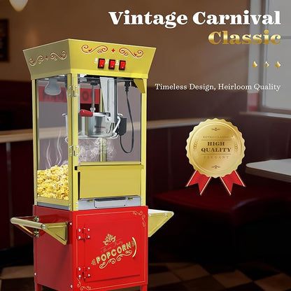 Vintage Commercial Popcorn Machine with Cart & Warmer Light - 12oz Stainless Steel Popper Makes 60 Cups for Home Theater and Parties, Red