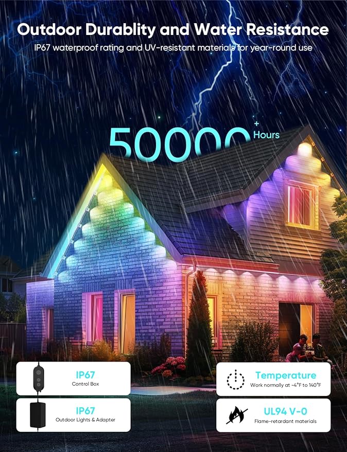 APPECK Permanent Outdoor Lights Pro 100ft, 72W RGBCW Eaves Lights with 72 LED Lights, 80lm, Cuttable, 111 Scene Modes, IP67 Waterproof Lighting for Christmas Decoration, Work with Alexa, Black