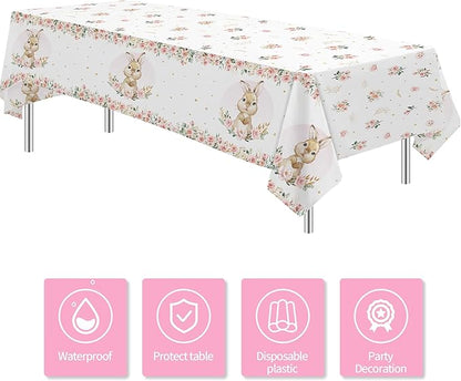 APOWBLS Bunny Birthday Decorations Tablecloth, Disposable Bunny Party Supplies Table Cover for Baby Shower, Easter Rabbit Themed Party Decorations Table Cloth, 3 Pack, 55in x 86in