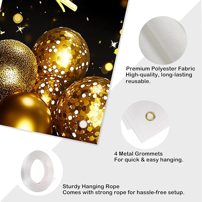 Nuxovilar Happy Birthday Banner Decorations 17.72x78.74 Inch Black Gold Balloon Theme - Polyester for Indoor Outdoor Birthday Party Decor