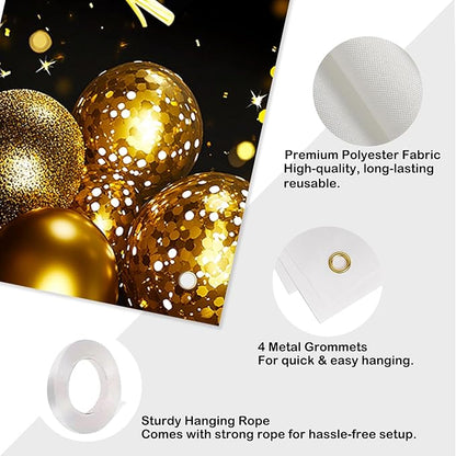 Nuxovilar Happy Birthday Banner Decorations 17.72x78.74 Inch Black Gold Balloon Theme - Polyester for Indoor Outdoor Birthday Party Decor