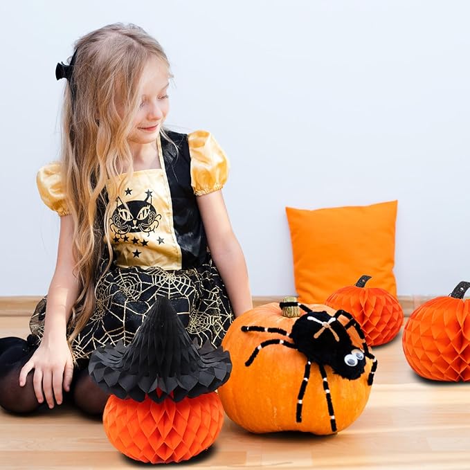 8 Pcs Honeycomb Pumpkin Decorations Halloween Party Set 3 Sizes Tissue Paper Honeycomb Balls for Indoor, Window Spooky Party Haunted House Decor