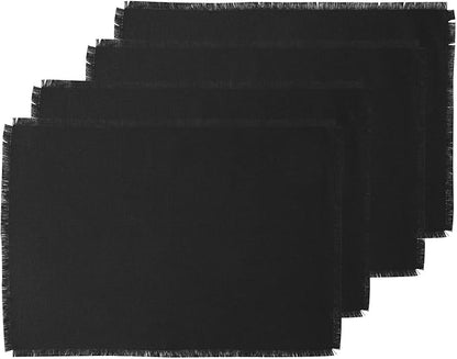 Solino Home Linen Black Placemats Set of 4 - 100% Pure Linen Placemats 14 x 19 Inch for Christmas, New Year - Fringe