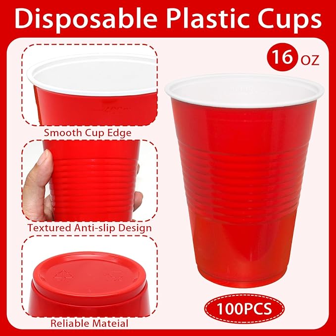 16 oz Red Plastic Cups Disposable - Christmas Cups Red Disposable Cups for Party Birthday Picnics Christmas (100 Count)