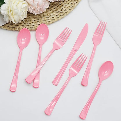 150 Pack Light Pink Plastic Silverware, Pink Plastic Utensils Heavy Duty Includes 50 Disposable Forks, 50 Knives, 50 Spoons for Birthday, Bride Shower, Wedding