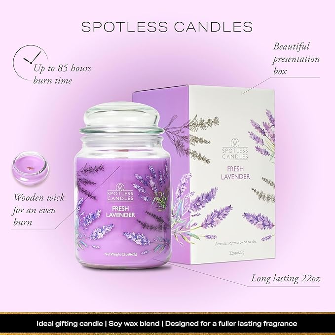 Fresh Lavender Candle 22oz Glass Jar with Wooden Wick in a Decorated Jar Within a Presentation Gift Box and Protective Shipping Box