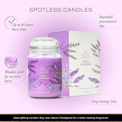 Fresh Lavender Candle 22oz Glass Jar with Wooden Wick in a Decorated Jar Within a Presentation Gift Box and Protective Shipping Box