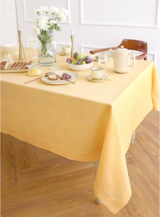 Solino Home Linen Tablecloth 60 x 120 Inch - 100% Pure Linen Chambray Mustard Yellow Table Cloth for Rectangular Tables - Athena, Machine Washable Cloth Tablecloth