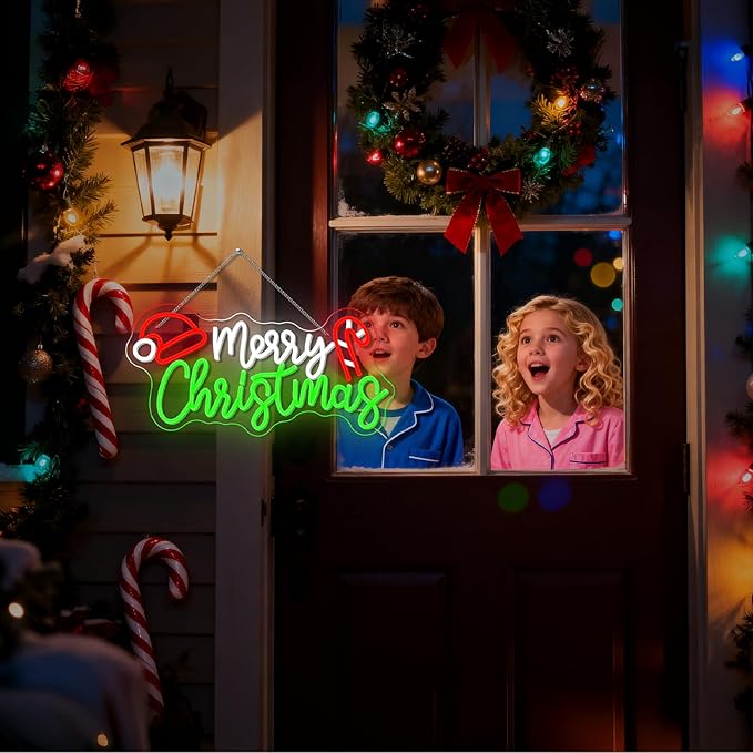 NOSUN Merry Christmas Candy Cane Neon Sign LED Lighted Dimmable Switch Christmas Gift Decorations for Xmas Party Kids Bedroom Bar Pub Club Decor