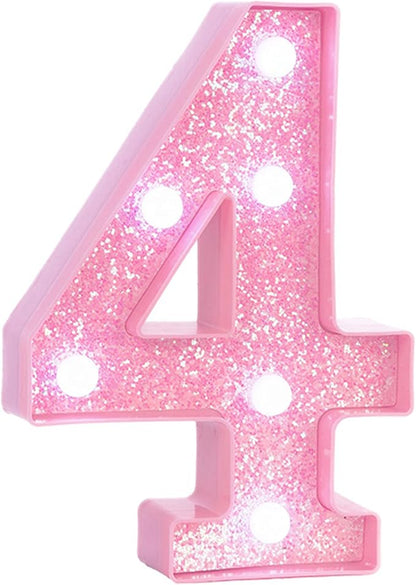 Pink LED Light Up Marquee Numbers, Glitter Lighted Numbers Signs Battery Operated for Girls 4th 14th 24th Birthday Party Decorations, Room Table Top Decor, Pink Number 4 with Cool White Lights