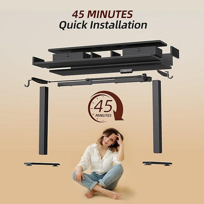 TIQLAB Standing Desk with Two Drawers, Stand Up Standing Desk Adjustable Height, Electric Sit Stand Table with Storage Shelf and Splice Board, 63 * 24 inch, Black