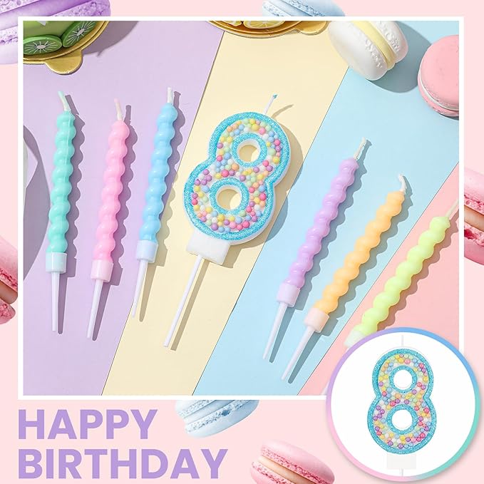 MTLEE Number 8 Birthday Candle with 12 Pcs Spiral Candles for Girls Macaron Pastel Rainbow Unicorn Pink Cake Topper for Sweet Theme Party Decoration