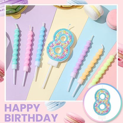 MTLEE Number 8 Birthday Candle with 12 Pcs Spiral Candles for Girls Macaron Pastel Rainbow Unicorn Pink Cake Topper for Sweet Theme Party Decoration