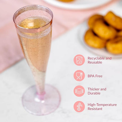 Prestee Set of 24 Plastic Champagne Flutes Disposable - Silver Glitter Pink Champagne Glasses with Rose Gold Rim, Elegant Toasting Cups for Weddings, Cocktail Parties, New Year's Celebrations