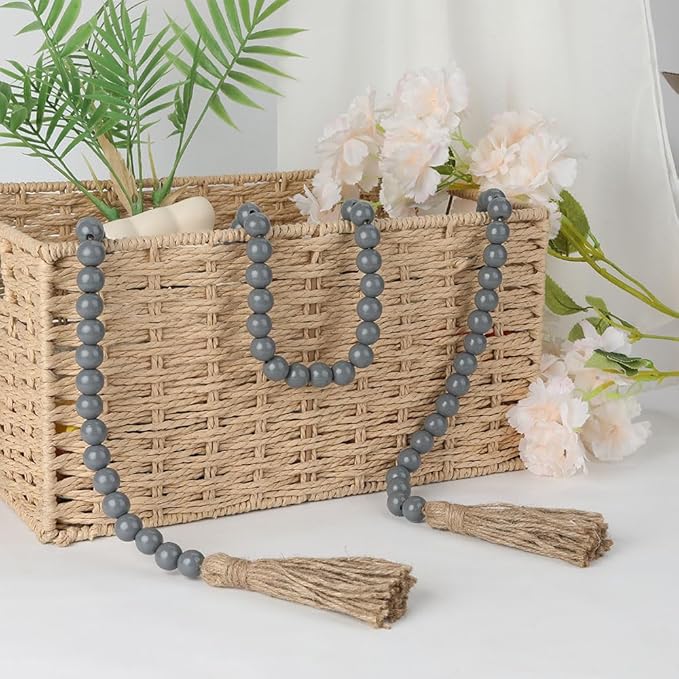 Wood Bead Garland 58 Inch Grey Wooden Beads for Boho Farmhouse Table Home Decor with Tassel, Wooden Prayer Bead, Rustic Country Boho Wall Hanging Decor for Kitchen Modern Living Room Tray Vase Shelf
