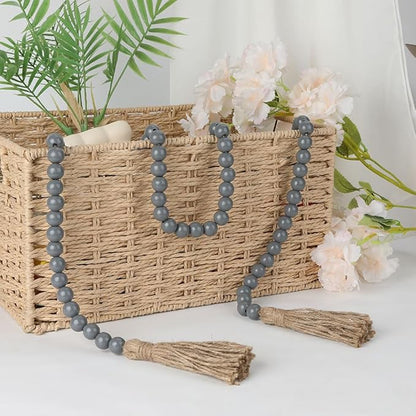 Wood Bead Garland 58 Inch Grey Wooden Beads for Boho Farmhouse Table Home Decor with Tassel, Wooden Prayer Bead, Rustic Country Boho Wall Hanging Decor for Kitchen Modern Living Room Tray Vase Shelf