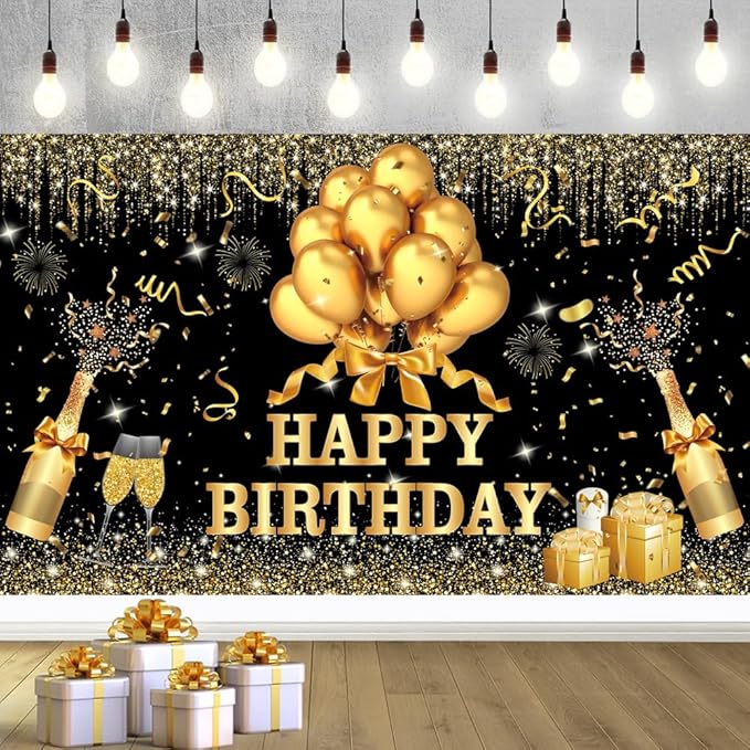 YinQin 180x120 cm Glitter Golden Black Happy Birthday Backdrops Banners Cloth 71x47 inch Bday Party Photography Backgrounds Shiny Black Gold Happy Birthday Sign Party Decorations for Girl Women