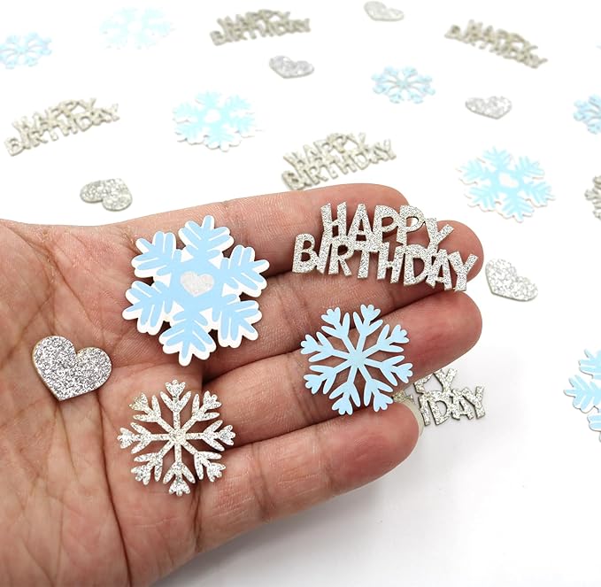Blue Silver Snowflake Happy Birthday Confetti for Table – 200PC Glitter Heart Snowflakes Table Scatter for Winter Wonderland Birthday Decorations