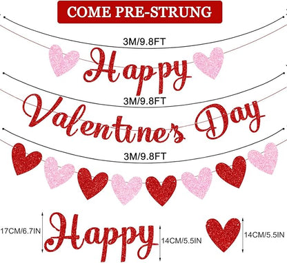 CAVLA Red Glittery Happy Valentine's Day Banner and Red Pink Glittery Hearts Banner Valentine's Day Banner Garland with Heart Signs Valentines Day Party Decorations for Valentines Wedding Anniversary Engagement Party Supplies