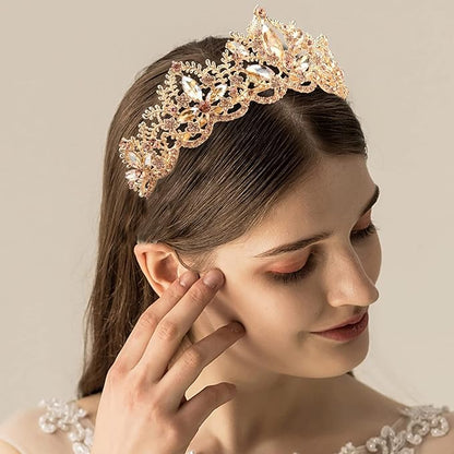 Gold Tiara for Women Champagne Crown for Girls with Comb Wedding Princess Birthday Crystal Rhinestones Headbands for Prom Bridal Party Halloween Costume Christmas Gift