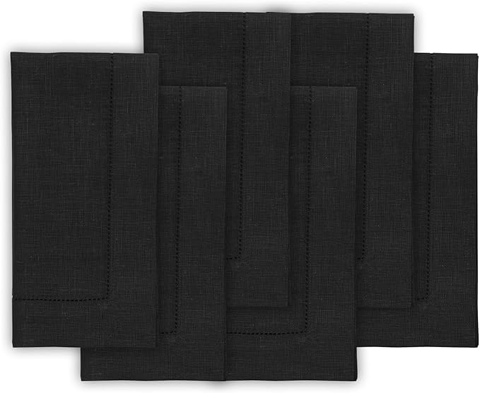 Solino Home Black Linen Napkins Set of 6-100% Pure Linen Hemstitch Dinner Napkins 20 x 20 Inch for Fall, Autumn, Winter, Christmas, Holiday, New Year - Classic Hemstitch