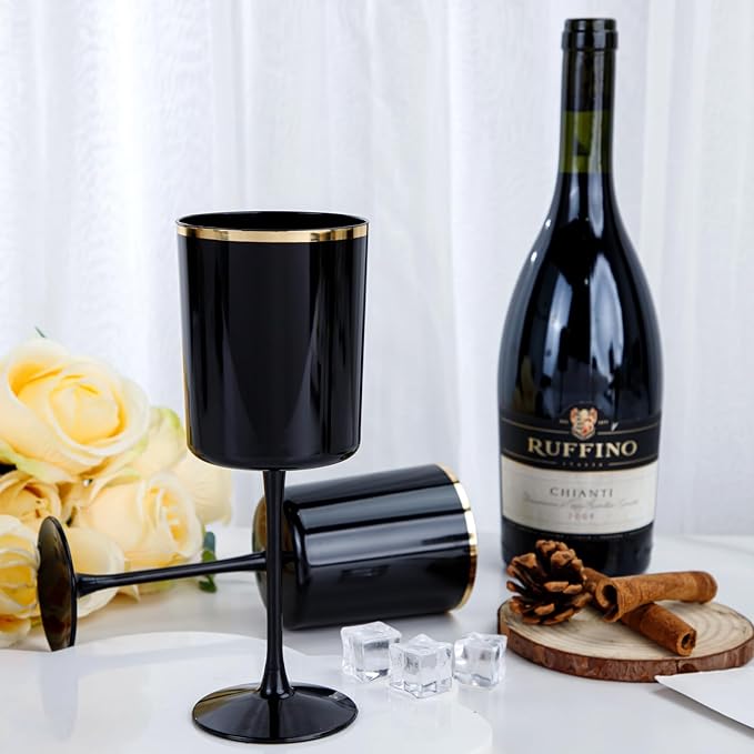Ciaell 12 Pack 10 OZ Black Plastic Wine Glasses with Stem - Black and Gold Disposable Wine Glasses Perfect for Parties & Weddings & Toasting & Outdoors & Camping & New Year