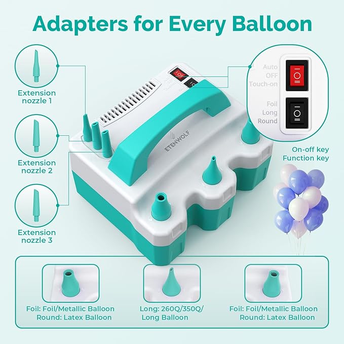 ETENWOLF P600 Electric Balloon Pump for All Balloons with 3 Nozzles 110V 600W Balloon Blower for Party Metalic Latex 260q Foil Balloons, Balloon Inflator for Birthday Decorations