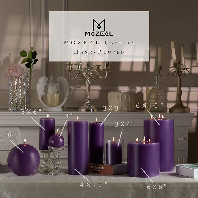 MOZEAL 3" x 8" Hand-Poured Unscented Large Candle,Smokeless Rustic Pillar Candle Set of 2,Slow Burn,No Drip,Approx 150 Hours Burning,Wedding,Dinner,Christmas and Home Decorative,Tall Purple Candle