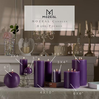 MOZEAL 3" x 4" Hand-Poured Unscented Candle,Dripless Pillar Candle Set of 3,Long Clean Burning,Approx 72 Hours Burn Time,Rustic Country Style,Wedding,Dinner,Christmas and Home Decor,Purple
