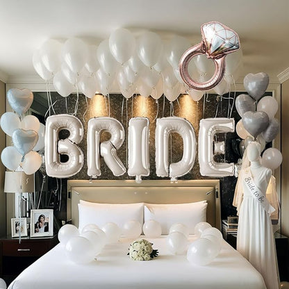 Cream White Bridal Shower party decorations with huge 40 Inch BRIDE letter Pearl Balloons BRIDE to be Sash Bridal Veil and Diamond Ring Heart shape Balloons For Bachelorette party Wedding supplies