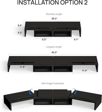 ZIFTY Dual Monitor Stand Riser with 2 Drawer and Smartphone Holder Wooden Desk Organizer, Adjustable Length & Angle Workspace Organizers for 3 Monitors Laptop Printer Computer, Black