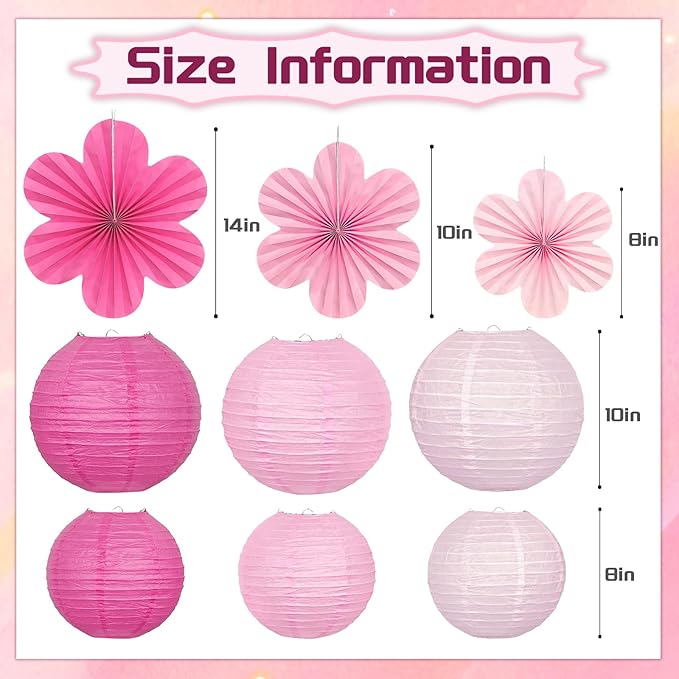 18Pcs Pink Party Decoration Kit, Hanging Pink Paper Lanterns Paper Flowers Fans for Girls Women Birthday Baby Bridal Shower Wedding Valentines Day Decorations
