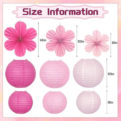 18Pcs Pink Party Decoration Kit, Hanging Pink Paper Lanterns Paper Flowers Fans for Girls Women Birthday Baby Bridal Shower Wedding Valentines Day Decorations