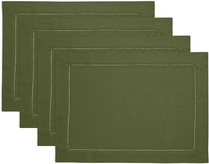 Solino Home Linen Cloth Placemats Set of 4-100% Pure Linen Hemstitch Olive Placemats 14 x 19 Inch - Classic Hemstitch Table Place Mats for Fall, Autumn, Christmas, New Year