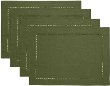 Solino Home Linen Cloth Placemats Set of 4-100% Pure Linen Hemstitch Olive Placemats 14 x 19 Inch - Classic Hemstitch Table Place Mats for Fall, Autumn, Christmas, New Year