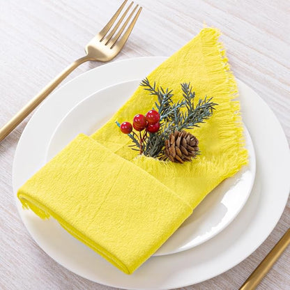 12 Pack Lemon Yellow Cotton Linen Napkins with Fringe Christmas Cloth Napkins Set of 12 Boho Handmade Holiday Napkins Bulk for Wedding Baby Shower Xmas Dinner Table Parties, 17 x 17 Inches