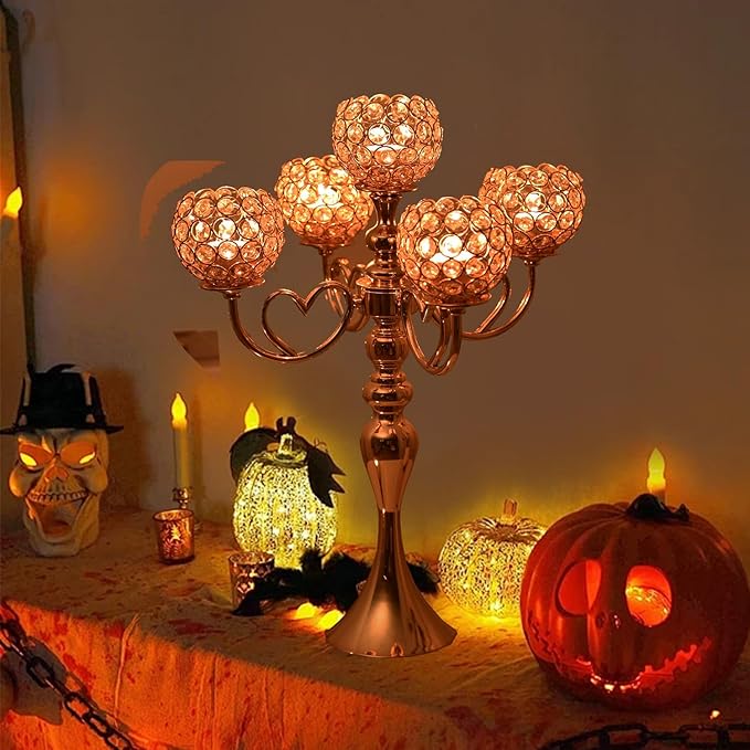 12 Sets Gold 5 Arms Candelabra Centerpiece for Wedding,Metal Crystal Candlestick Holders Chandelier Crystal Beaded Candle Holder for Table Decoration Party Dinner Formal Event