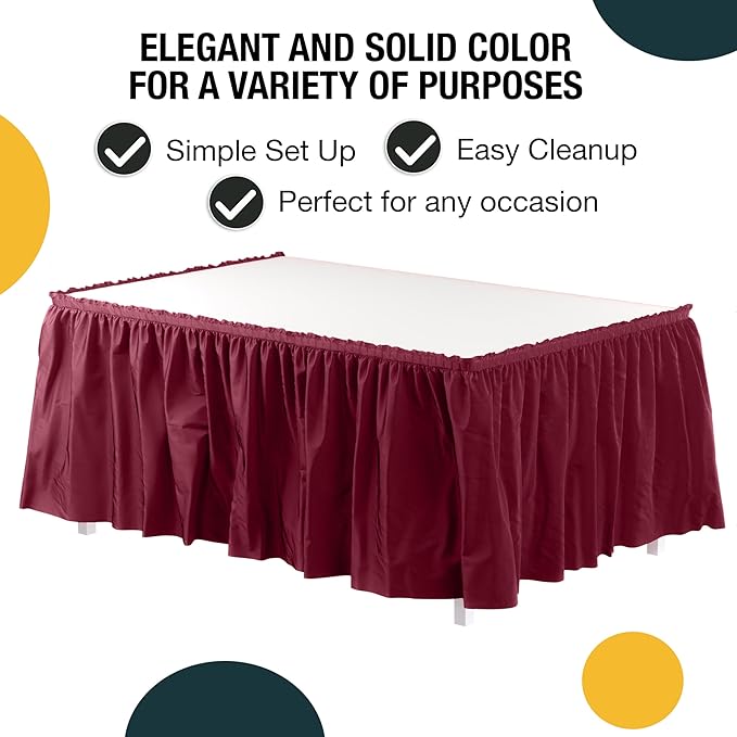Exquisite Ruffle Table Skirt Burgundy 6 Pack 14 Ft Long Table Skirts for Rectangle Tables 6ft Plus or Round Tables Skirts with Adhesive Strip for Gender Reveal Decor & Happy Birthday Parties
