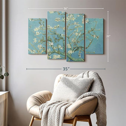 ElephantStock Almond Blossoms Wall Art - Horizontal Canvas - 4-Piece Living Room Wall Decor - Flower Painting Canvas Print - Blue and Green Decor for Wall by Vincent Van Gogh - 36" X 22"