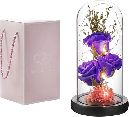 Preserved Flower Gift, Light Up Rose in Glass Dome, Eternal Forever Rose Flower Gifts for Her, Grandma, Mother’s Day, Valentine’s Day, Anniversary, Birthday, Christmas Decorations, Violet