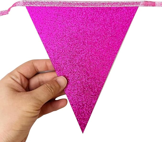 Hot Pink Buffalo Plaid Party Decorations Pennant Banner Flag Hot Pink Glitter Paper Triangle Hanging Bunting for Birthday Bachelorette Baby Shower Anniversary Wedding Bridal Shower Hen Party Supplies