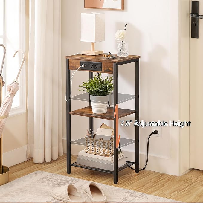 HOOBRO Tall End Table with Charging Station, 30 Inch Slim Tall Nightstand, 3-Tier Narrow Side Table with Adjustable Shelf, for Living Room, Bedroom, Small Space, Hallway, Rustic Brown BF09UDH01G1