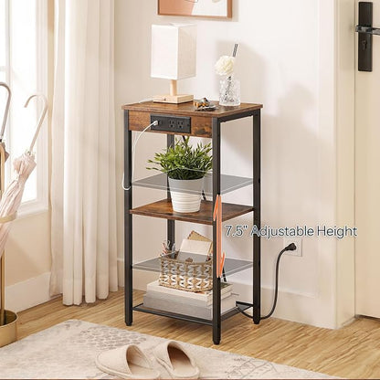 HOOBRO Tall End Table with Charging Station, 30 Inch Slim Tall Nightstand, 3-Tier Narrow Side Table with Adjustable Shelf, for Living Room, Bedroom, Small Space, Hallway, Rustic Brown BF09UDH01G1
