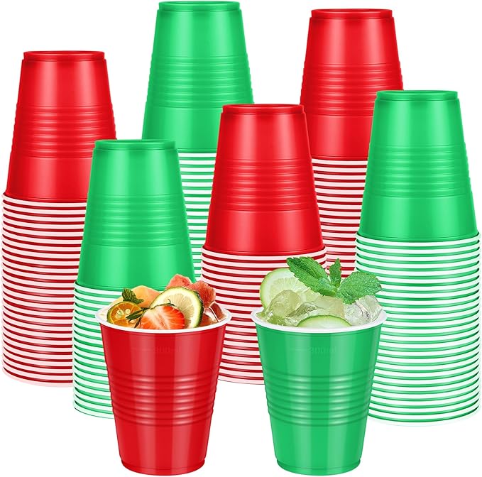 100 Pcs Red and Green Christmas Plastic Cups 12 oz, Bulk Green and Red Disposable Xmas Party Cups for Merry Christmas Holiday Wedding Birthday Theme Party Supplies Decorations