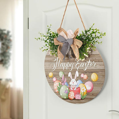 Harooni Happy Easter Wreaths for Front Door Easter Eggs Wooden Hanging Sign Cute Bunny Door Hanger Sign Rustic Easter Decorations with Bow for Home Front Porch Yard Window Wall Farmhouse 12x12 Inch