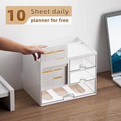 Marbrasse Desk Organizer with 3 Drawer, Multi-Functional Pencil Pen Holder for Desk, Desk Organizers and Accessories with 4 Compartments, Desktop Organizer Storage for Office Home Art Supplies (White)