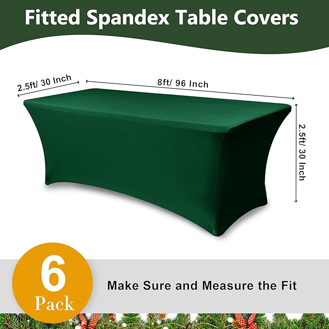 Spandex Table Cloths for 8 Foot Rectangle Tables-6 Pack Hunter Green Fitted Stretch Table Covers-Elastic Christmas Tablecloths for Party, Vendor Booth, Banquet Buffet Event, Craft Trade Show